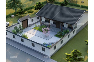AC-038-12.74米×12.2米一层中式风格别墅三房一卫带庭院乡村中式庭院别墅设计图纸四川成都